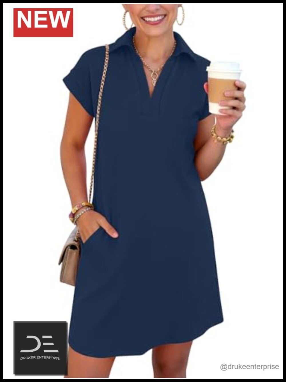 Women's Summer Collared V Neck Short Dress Shift Mini with Pockets